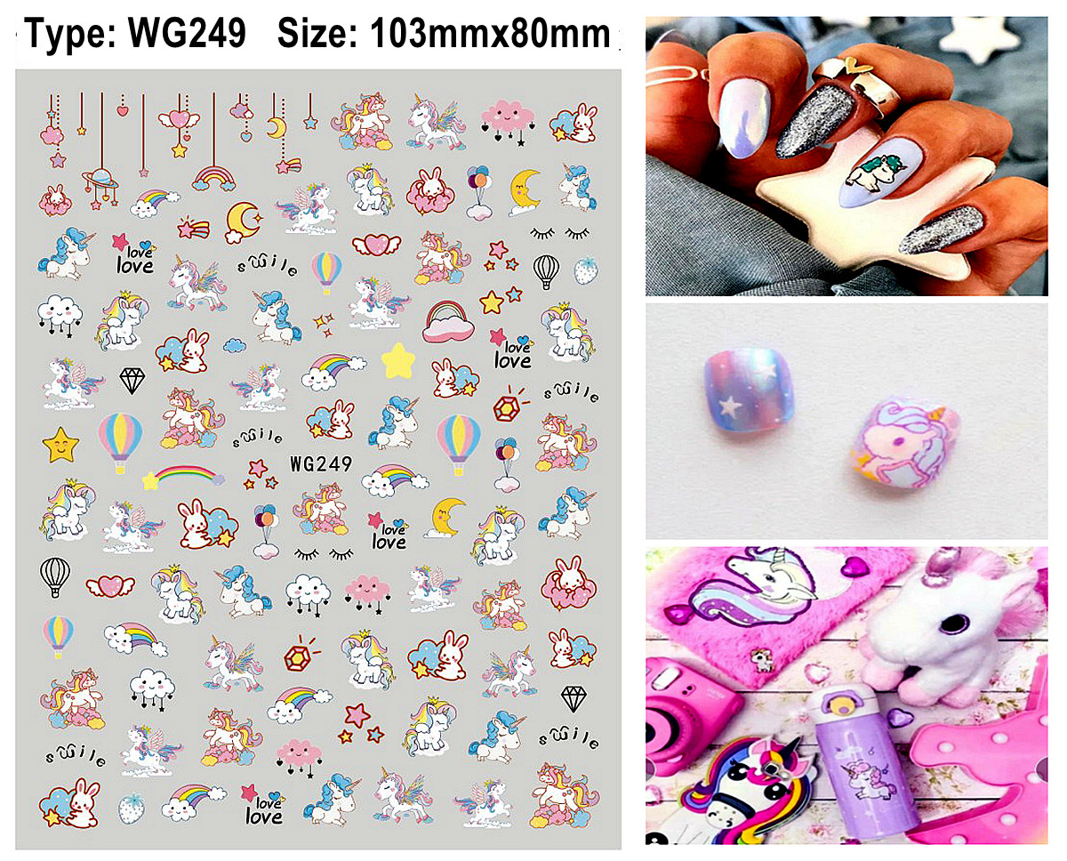Unicorn Rainbow Cloud Heart Smile Love Stars Moon Diamond Crown 3D Nail Sticker