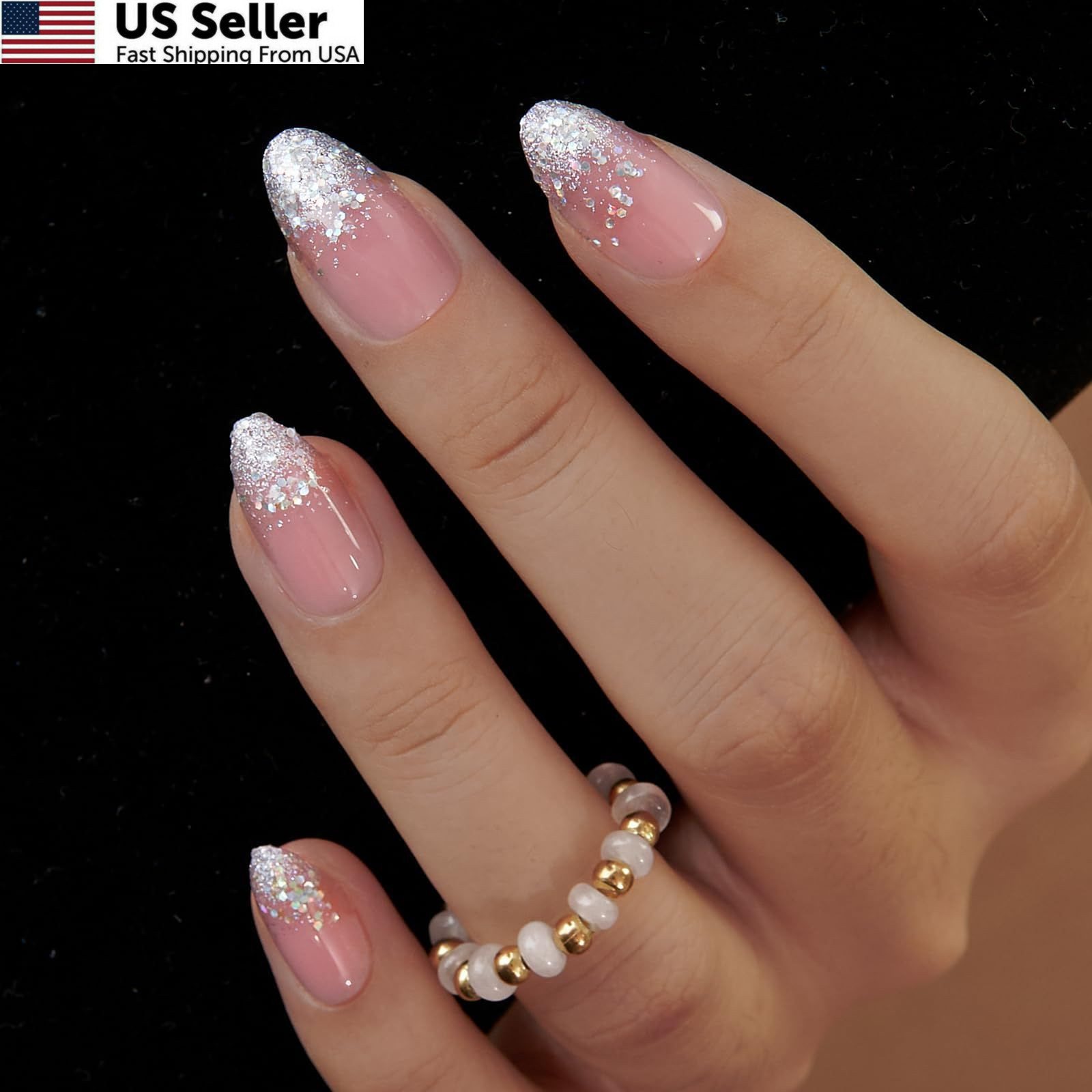 CurvLife Press On Nails Medium Almond Apricot – 30pcs Medium, glitter nails