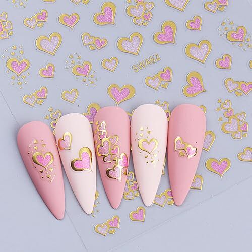 6Sheets Valentines Nail Art Stickers Gold Heart Nail Decals 3D lovely heart