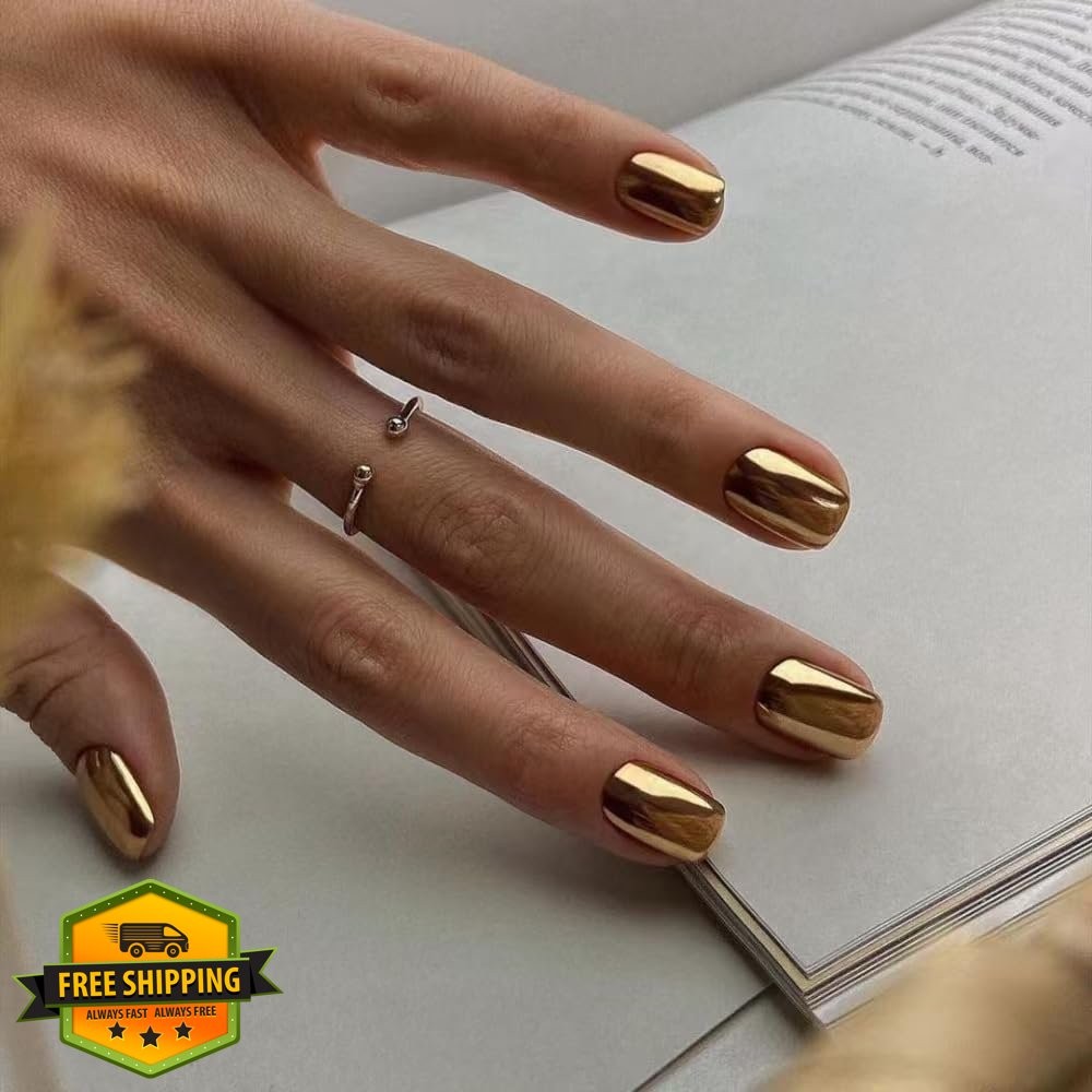 Gold Chrome Press on Nails Short Square Mirror Acrylic False Nails 24pc
