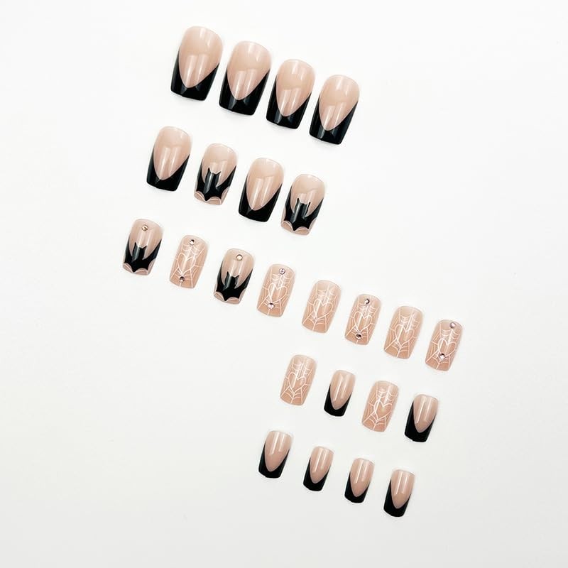 Halloween Bat French Tip Press on Nails Medium Square Black Fake Nails with S…