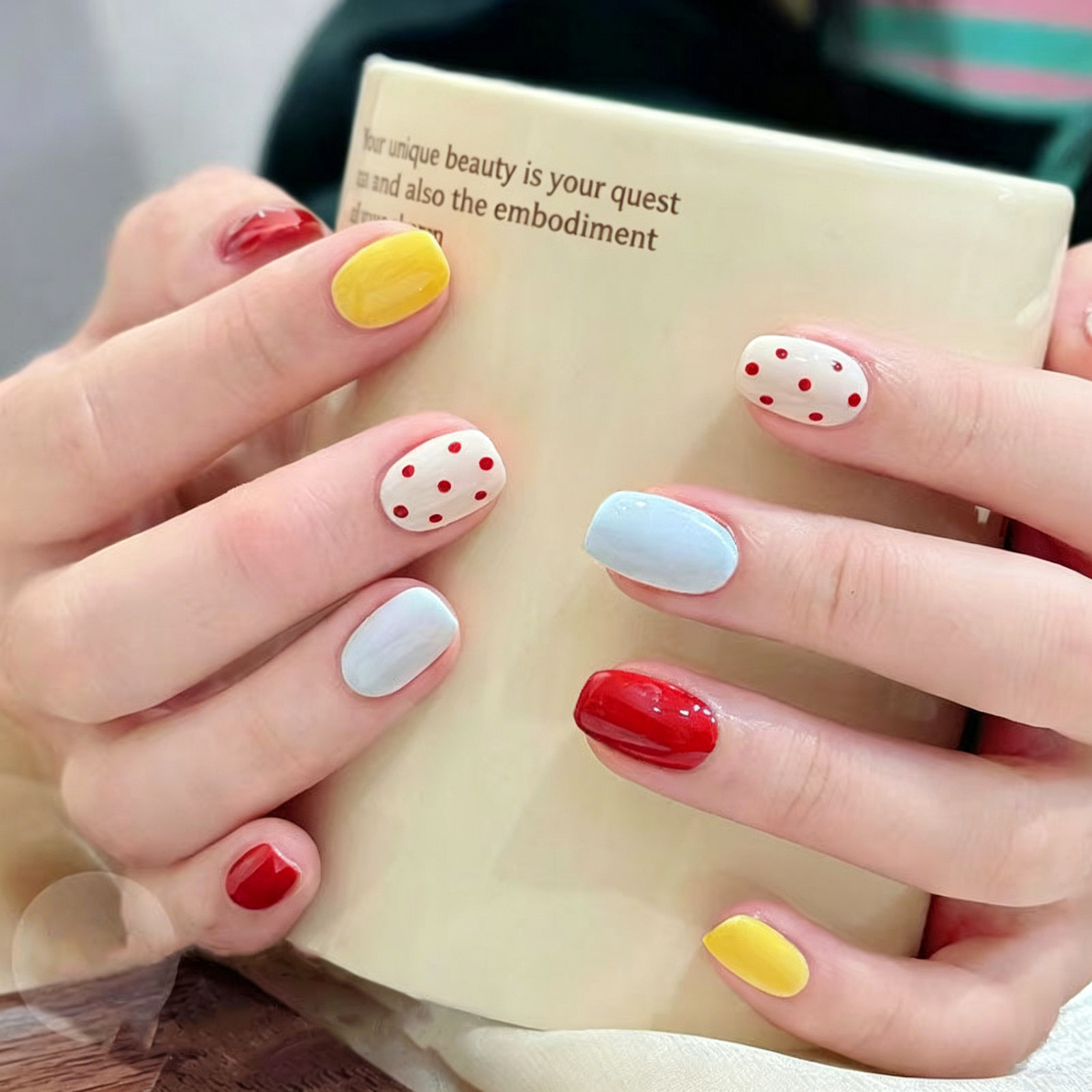 Summer Macaron Polka Dot Cat Eye Press On Nails, Cute Playful Girly Candy Color