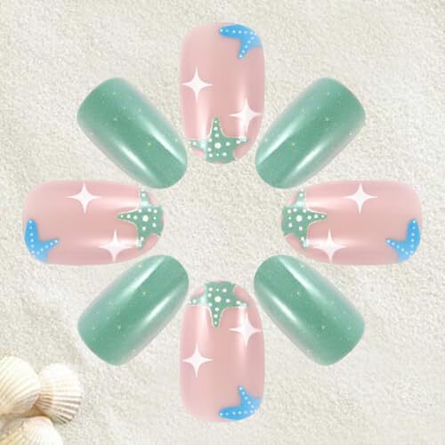 24Pcs Summer Ocean Press on Nails Almond Blue Fake Nails with Beach Waves beach