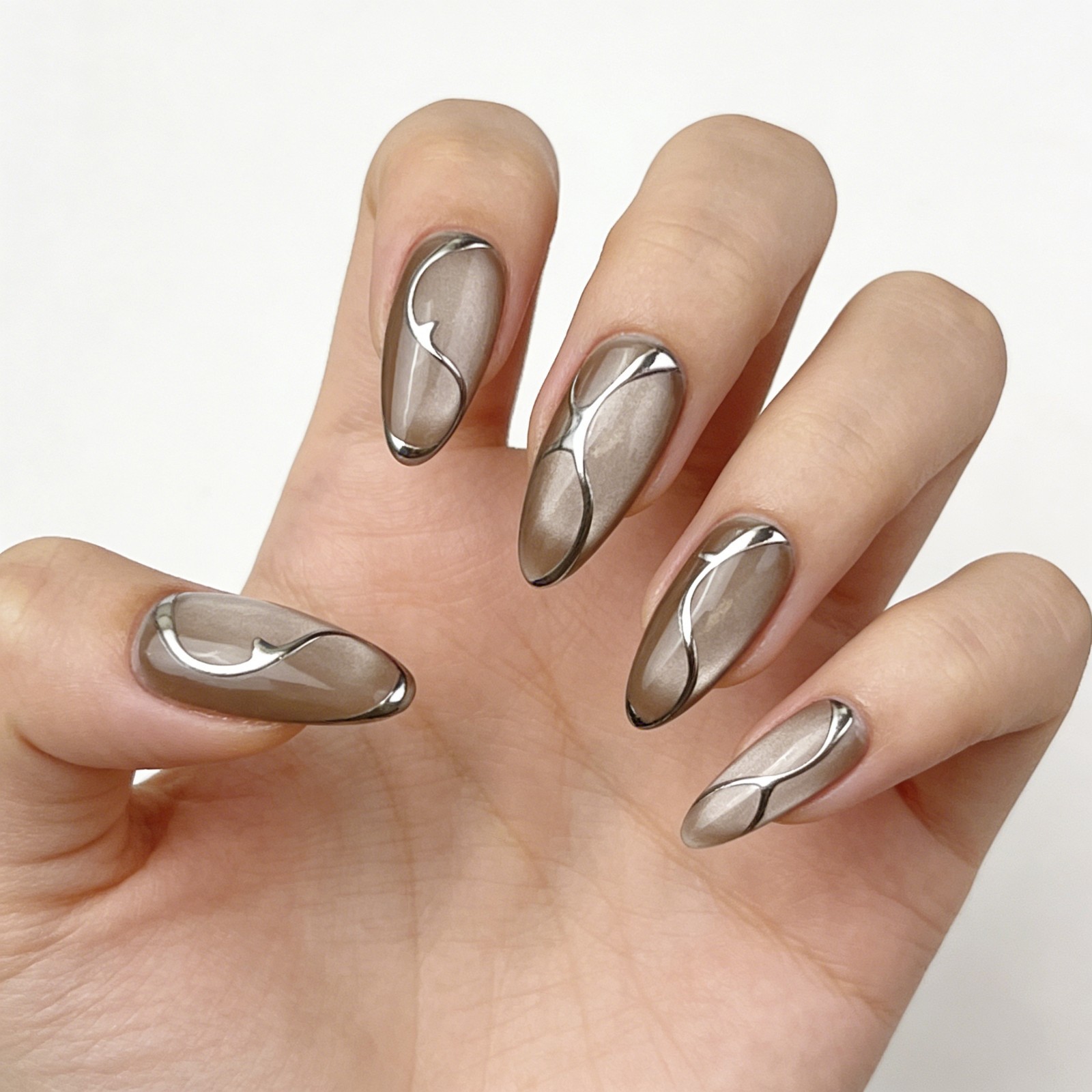 Futuristic Metallic Chrome Press On Nails, Handmade Grey Cat Eye Base Fals Nails