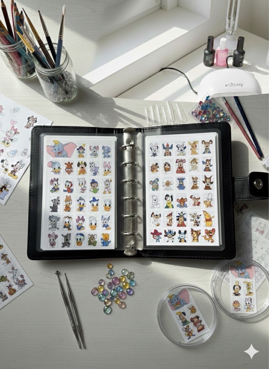 Cartoon Character Nail Art Sticker Book-20 Laminated Pages, Pro Brush & Glue Set