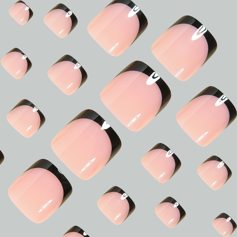 48Pcs-Glossy Nude Press on Toenails Black Square Tip Short Square Foot Nail Art