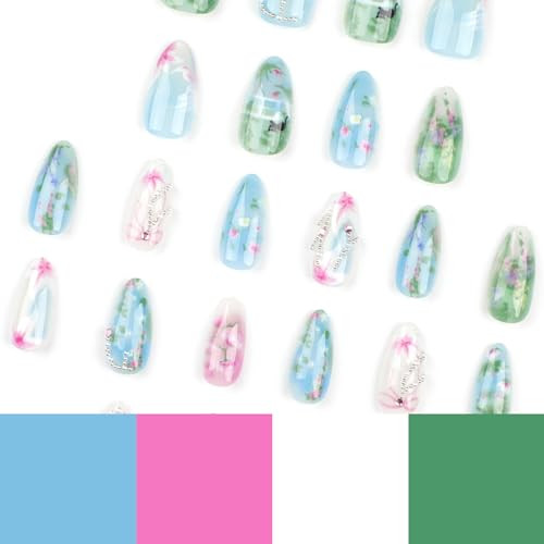 24Pcs Flower Press on Nails Medium Almond Fake Nails Colorful Spring Summer