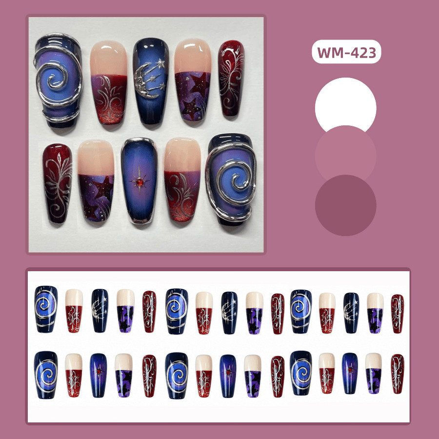 48pcs Long Taper Press on Nails, Purple Blue Ombre Moon Star Silver Swirl Nails
