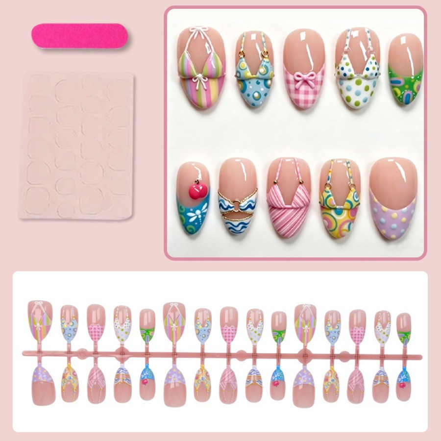 60Pcs-Long Oval Cute Bikini Bow Cherry Summer Hand Painted Press on Nails Set