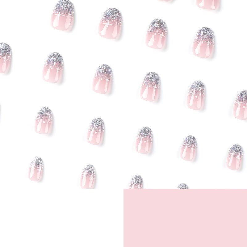 Silver Glitter French Press on Nails Short Almond fake Nails White Starburst …