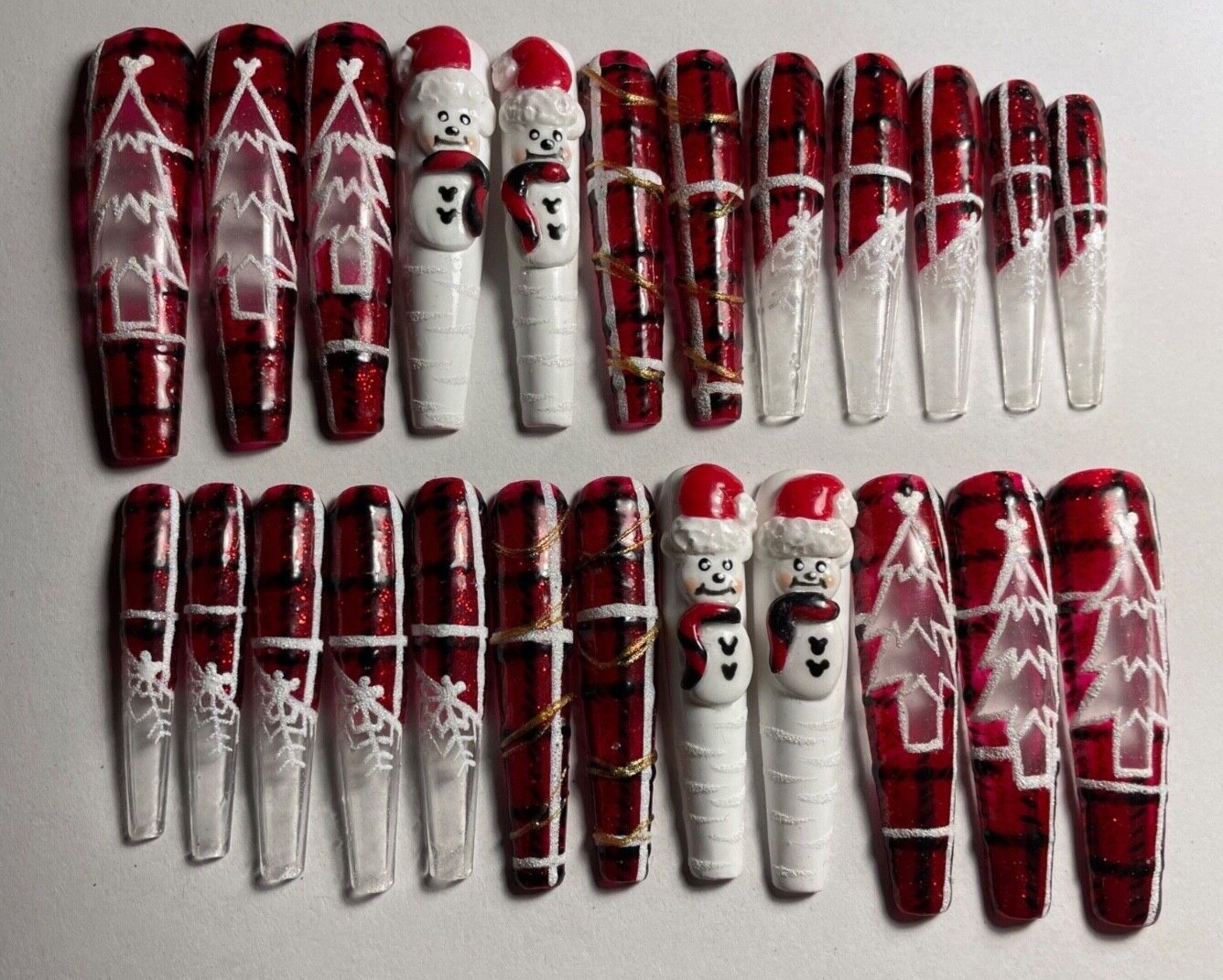 press on nails custom 24 3XL Christmas tree snowman 3-D coffin plaid red sparkle