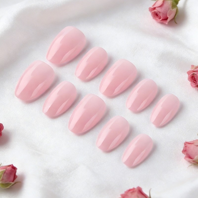 32Pieces Pink Fake Nail Short Oval Design ABS Artificial Nail for Weddings,