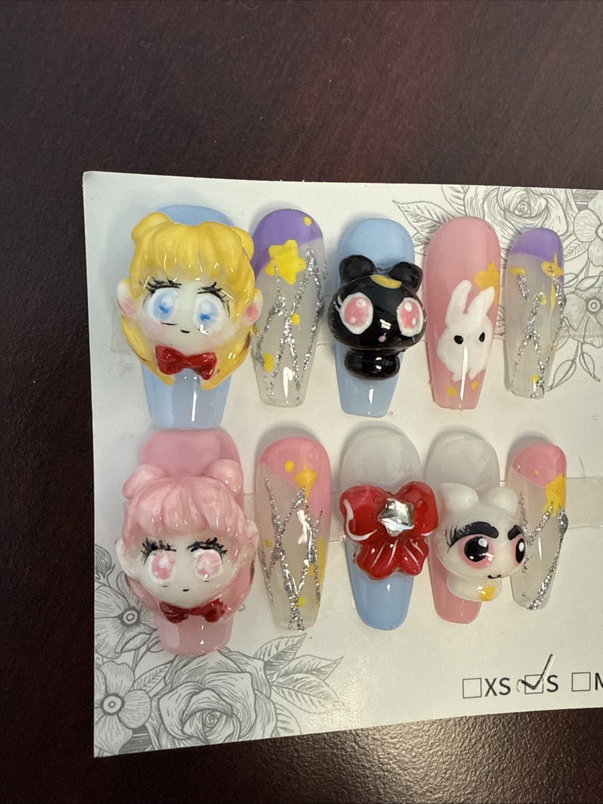 Hand Painted Sculpted 3D SAILOR MOON Press On Nails Coffin Size S
