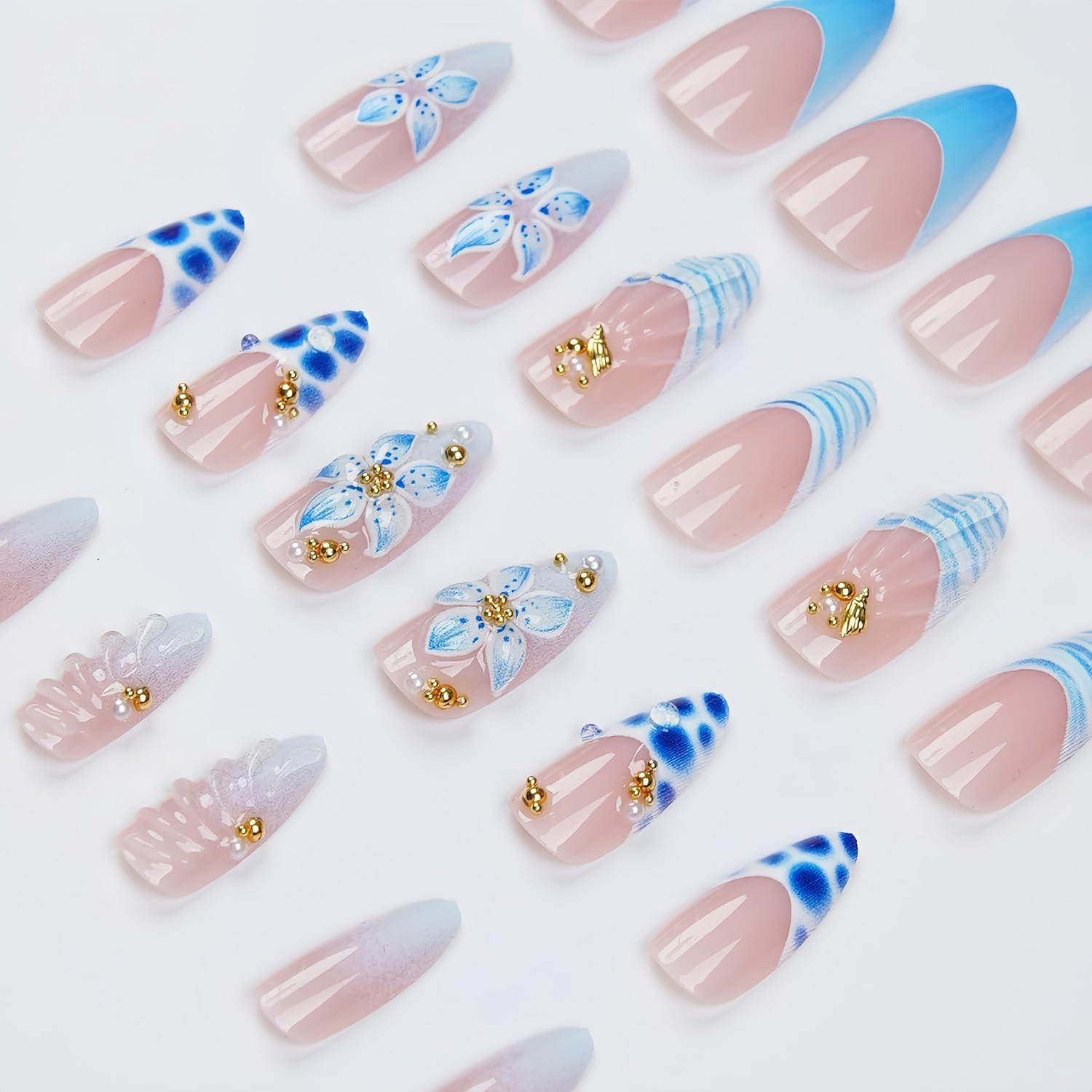 24Pcs 3D Flower Press on Nails Medium Almond Fake Nails with Gold Beads Conch Pe