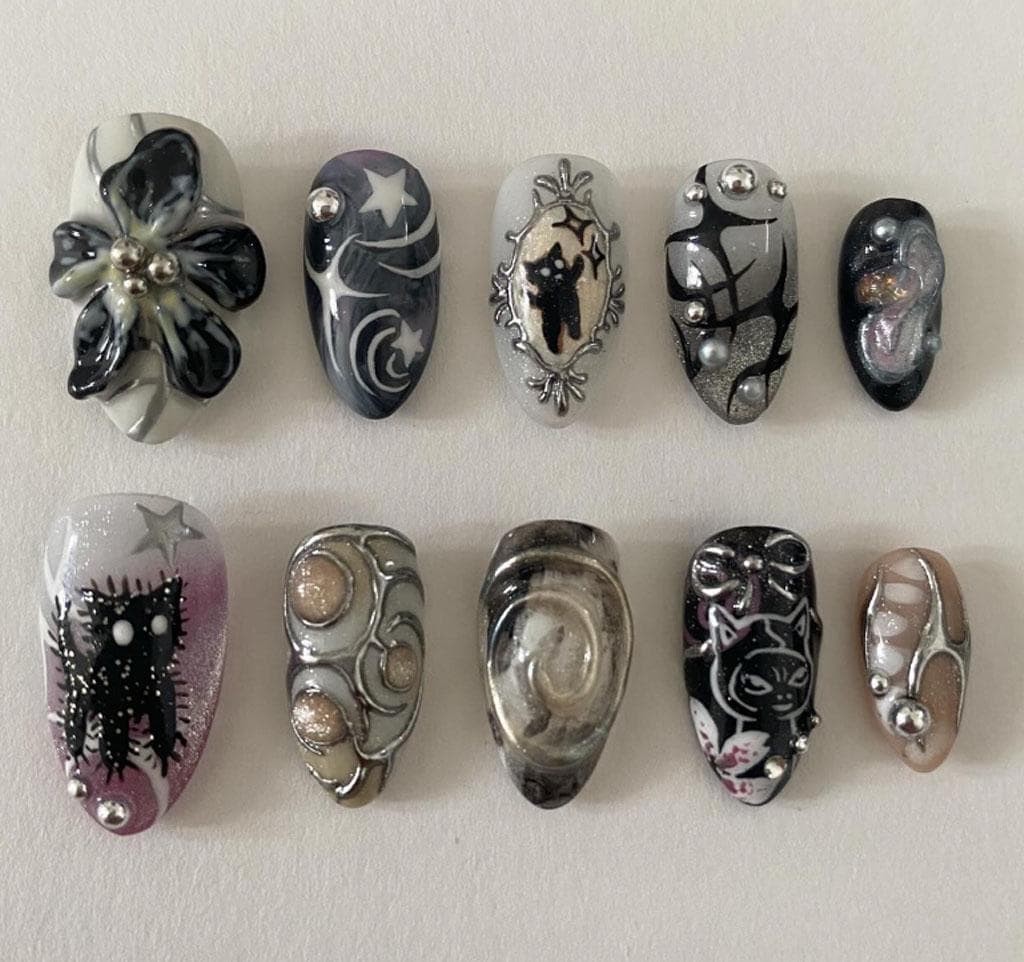 Handmade Gothic Black Cat Star Moon Silver Swirl 3D Flower Almond Press on Nails