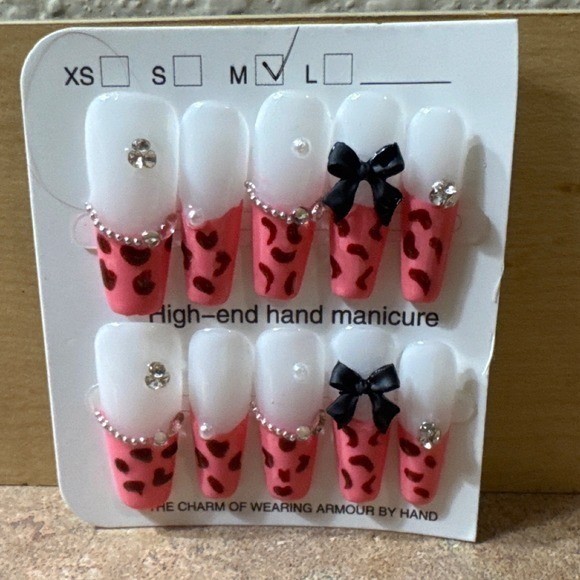 Pink Leopard French Tip Press On Nails 3D Black Bow Rhinestone Medium Coffin