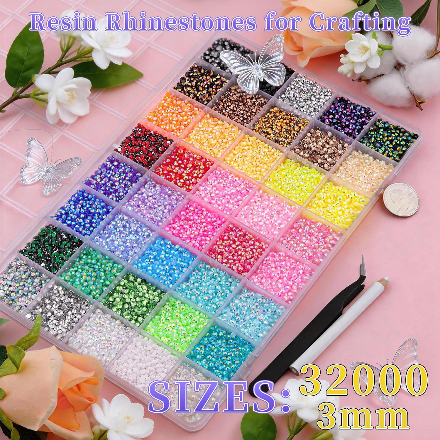 32000 Pcs Resin Rhinestones for Crafting, 40 Colors Rhinestone Kit 3mm Flatba…