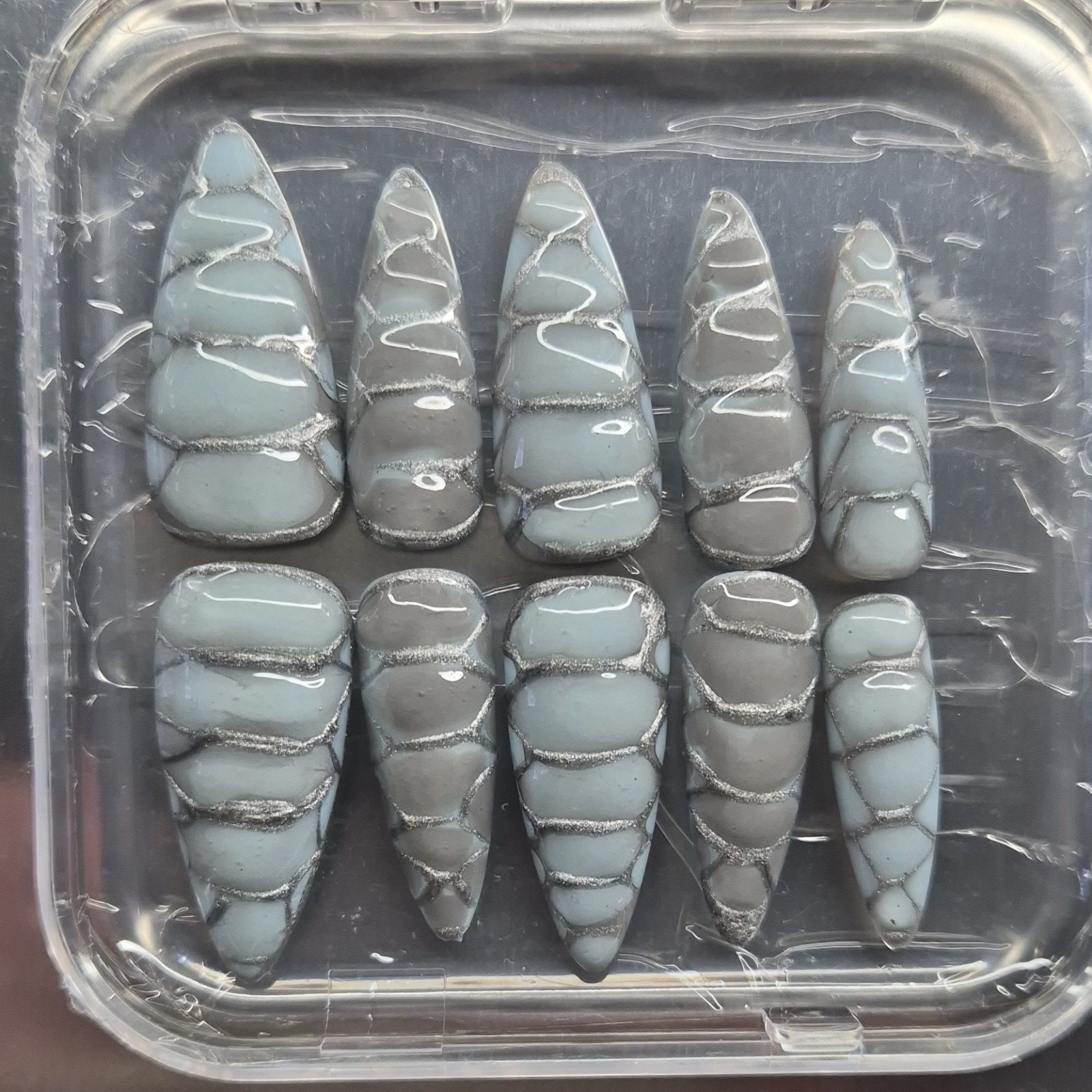 Gray Light Blue 3D Geometric Stiletto Press-On Nails Pre-Designed Full Cover Lo…