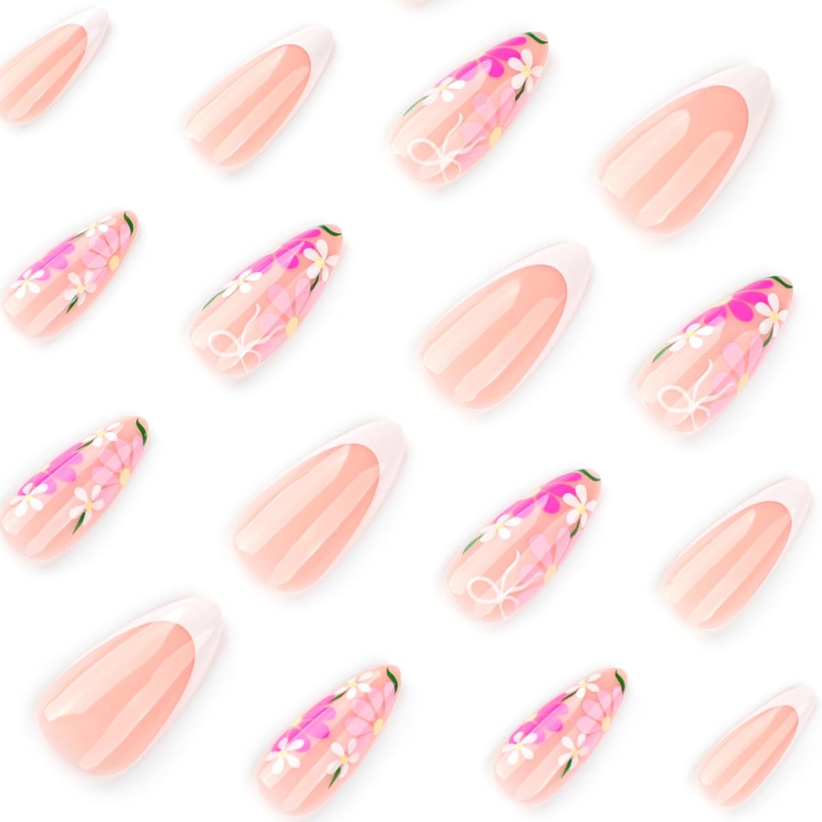 24 Pcs Flower Press on Nails Short Almond Nail Tips,Nude Pink Fake Nails Pres…