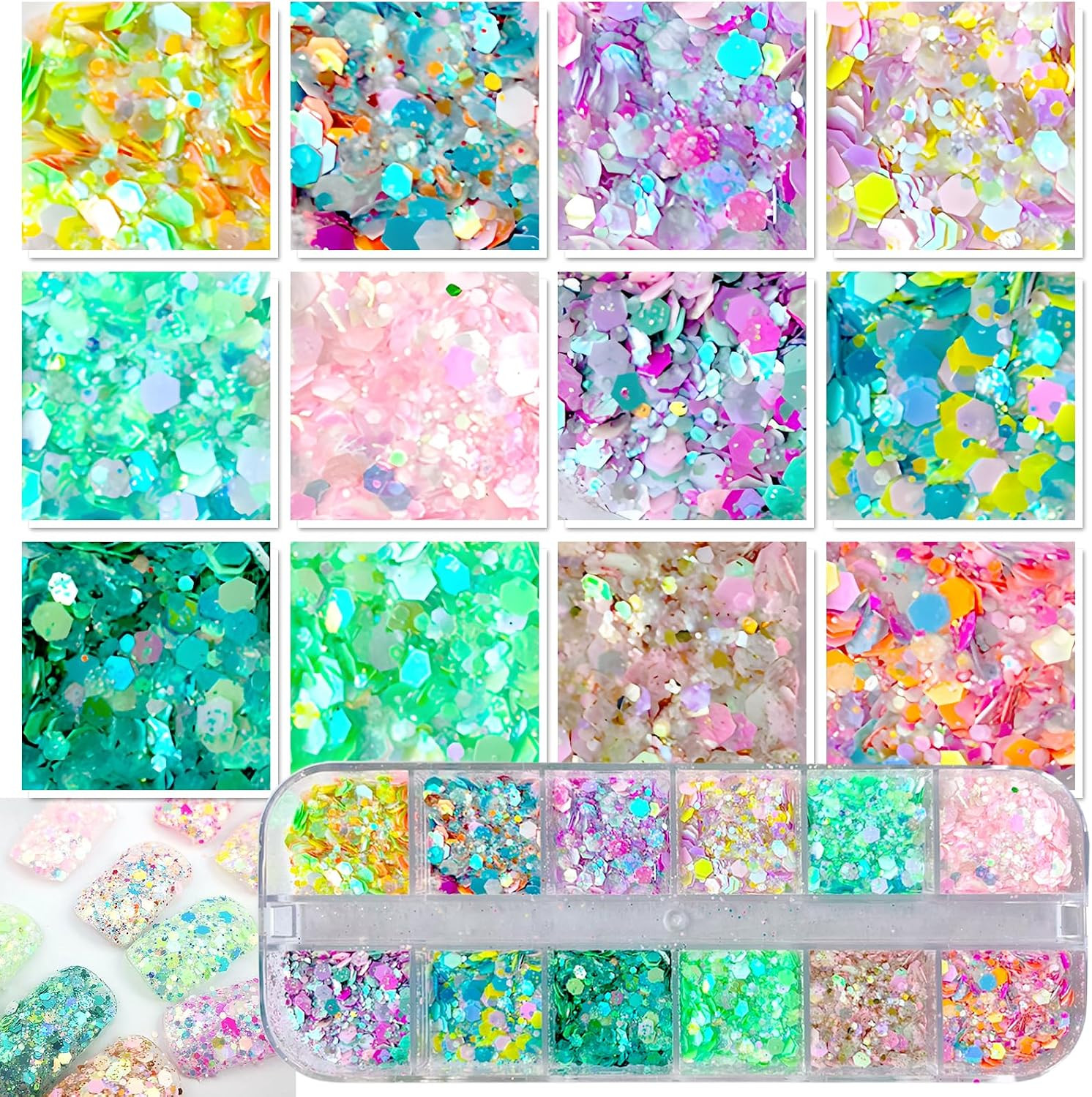 4 Boxes Nail Glitter Holographic Maple Chunky Glitter Flakes Mixed Shaped Flower