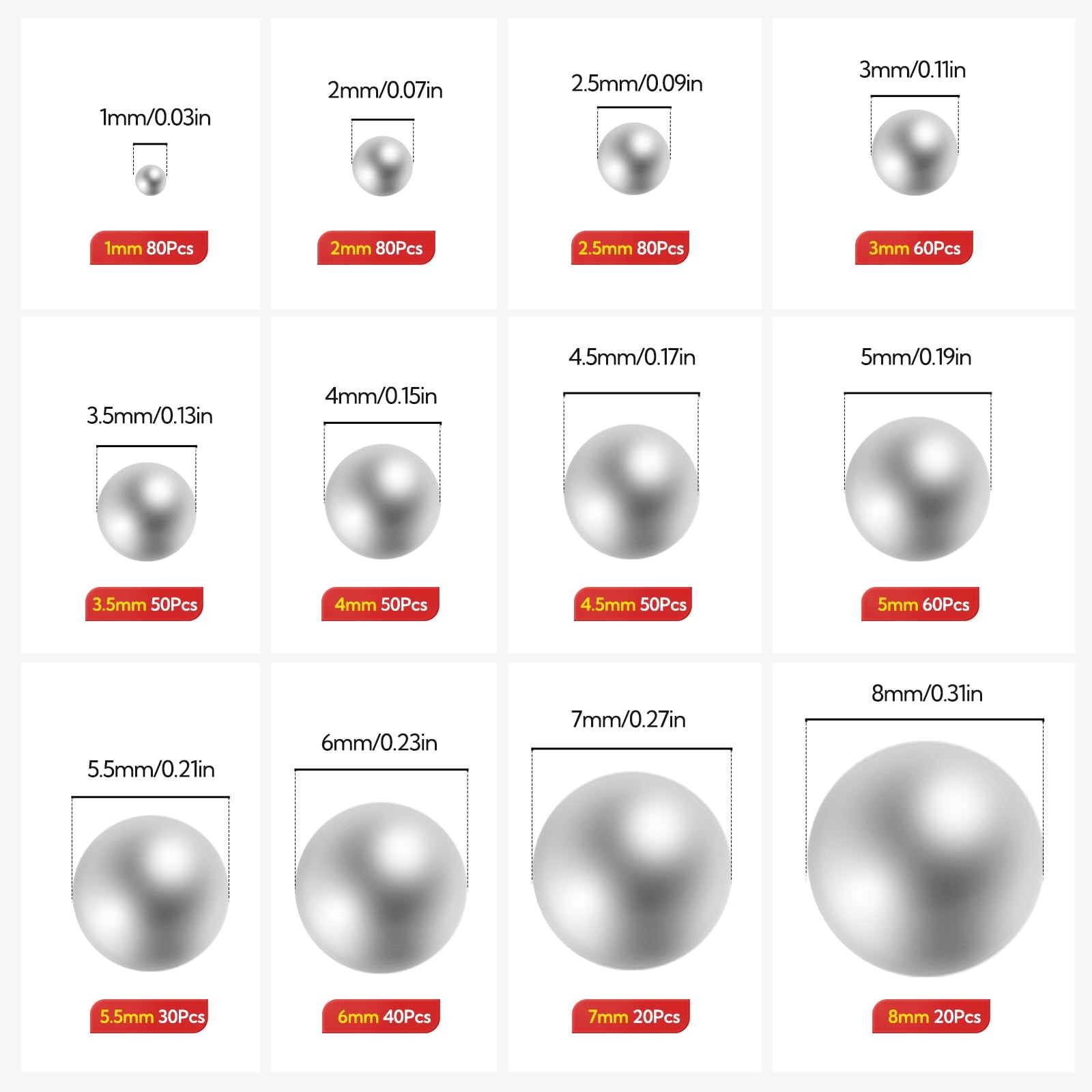 620Pcs 12 Size 304 Stainless Steel Bearing Ball Precision Assortment Kit 1-8mm