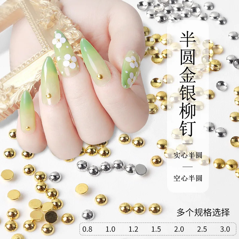 500PCS 0.8-3mm Gold Silver Solid Hollow Cavity Semisphere Rivets Metal Nail Art