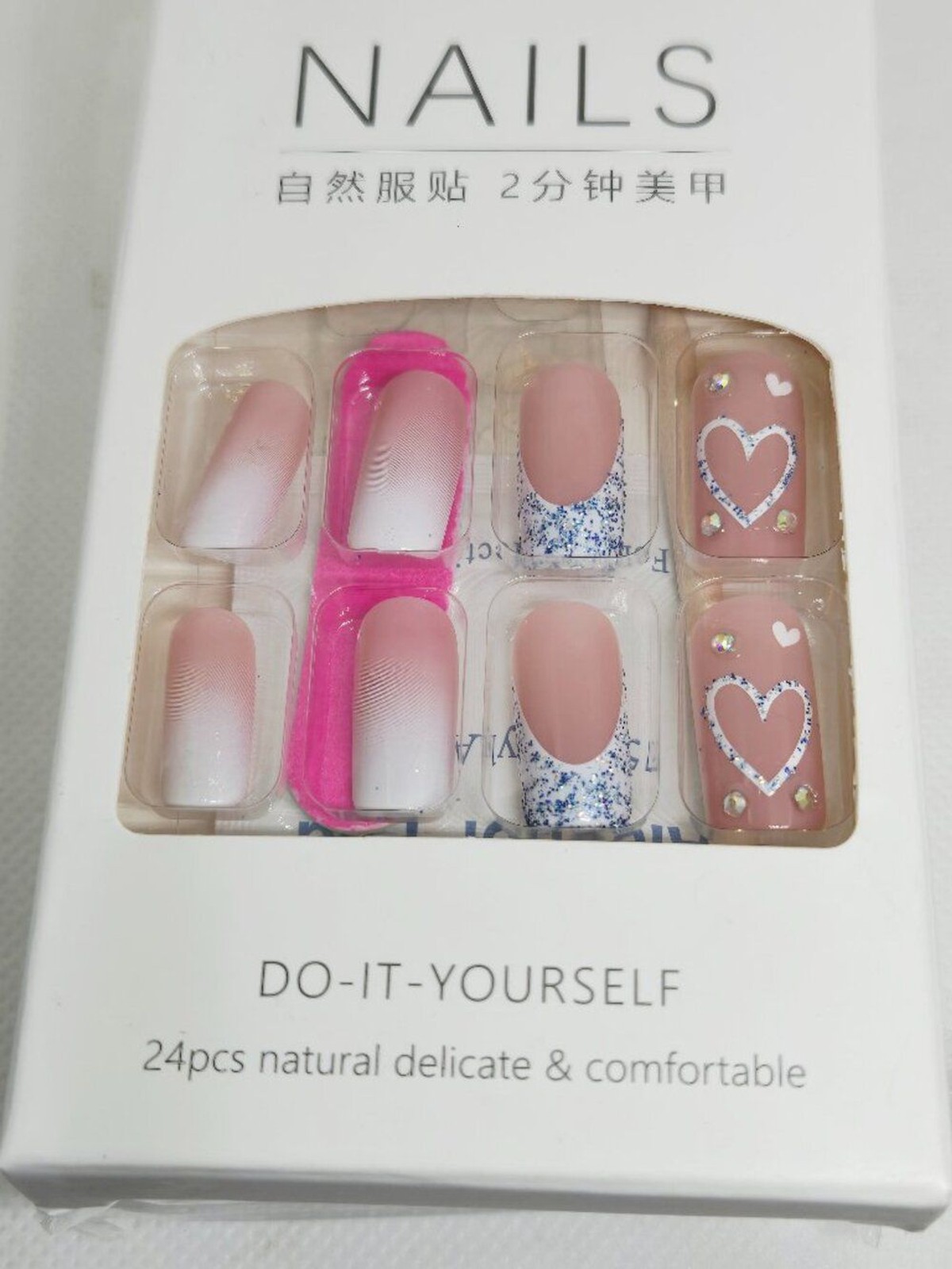 3 BOXES NATURAL PRESS ON NAILS PEARL, CHOCOLATE & PINK HEART NIB 72 TOTAL