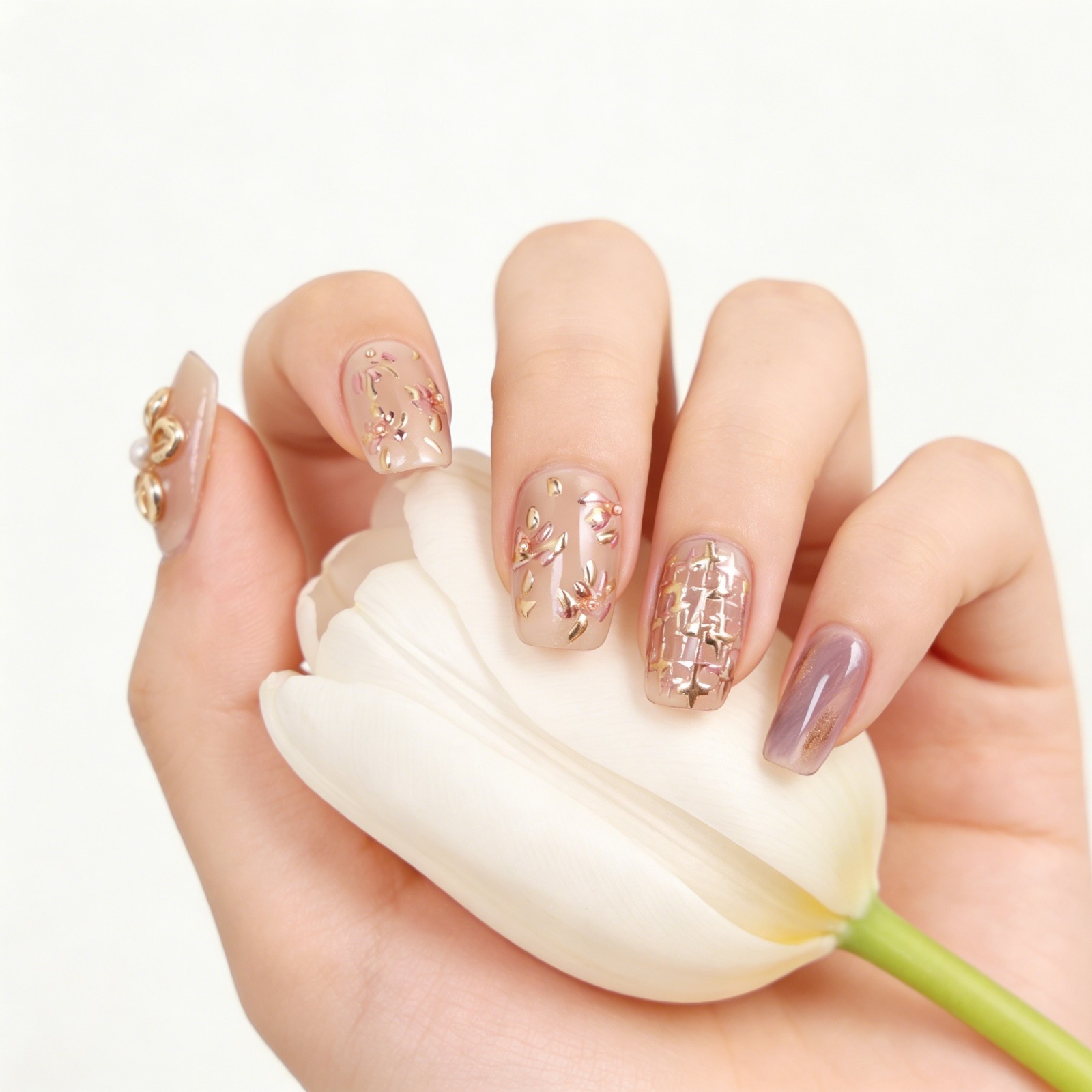 Pink Purple Press On Nails Short Square Gold Flower Pearl Handmade Set gift