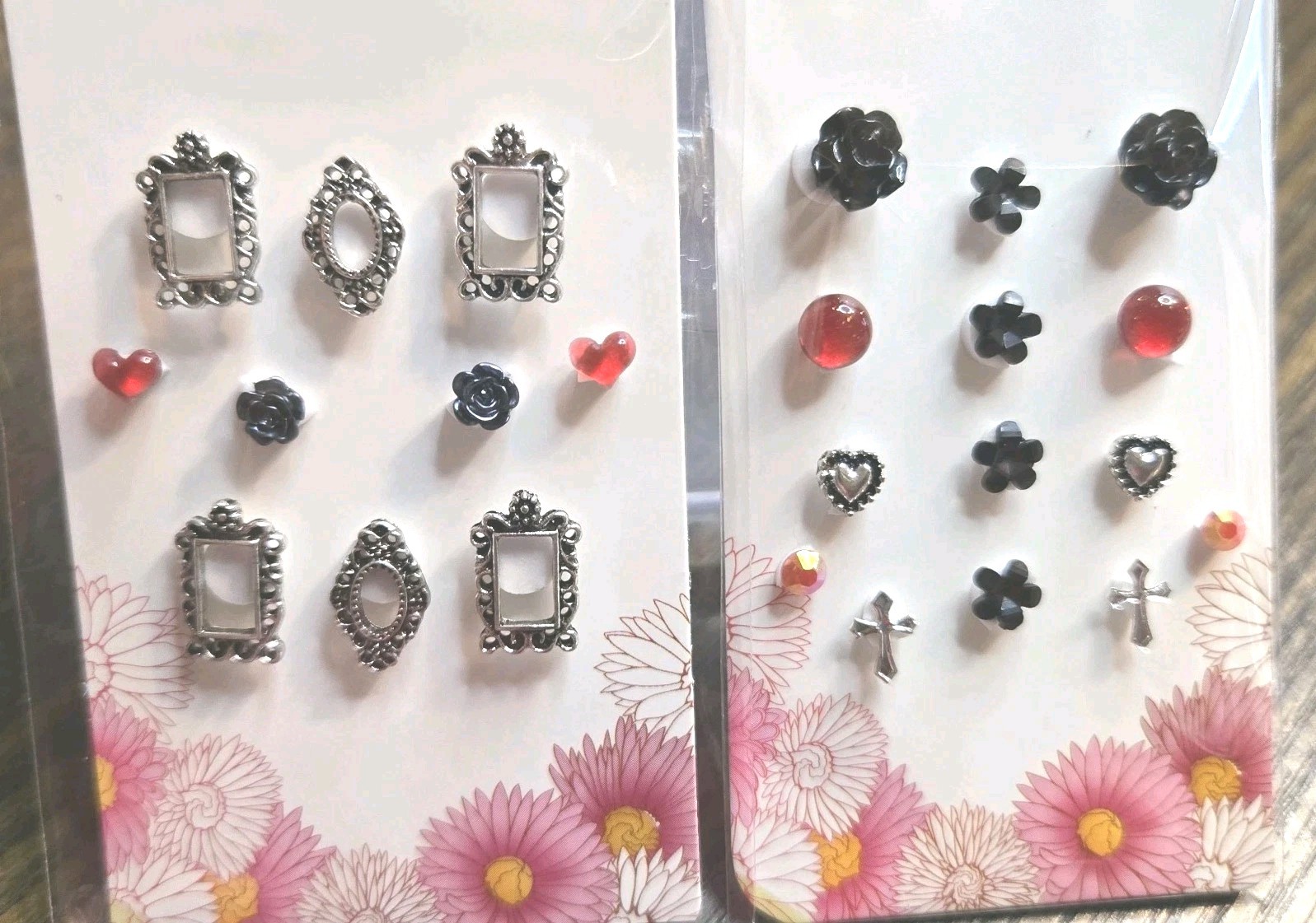 2 Sets 24 Pcs 3D Nail Art Charms Silver Frames Hearts Cross Black Roses Red Gems