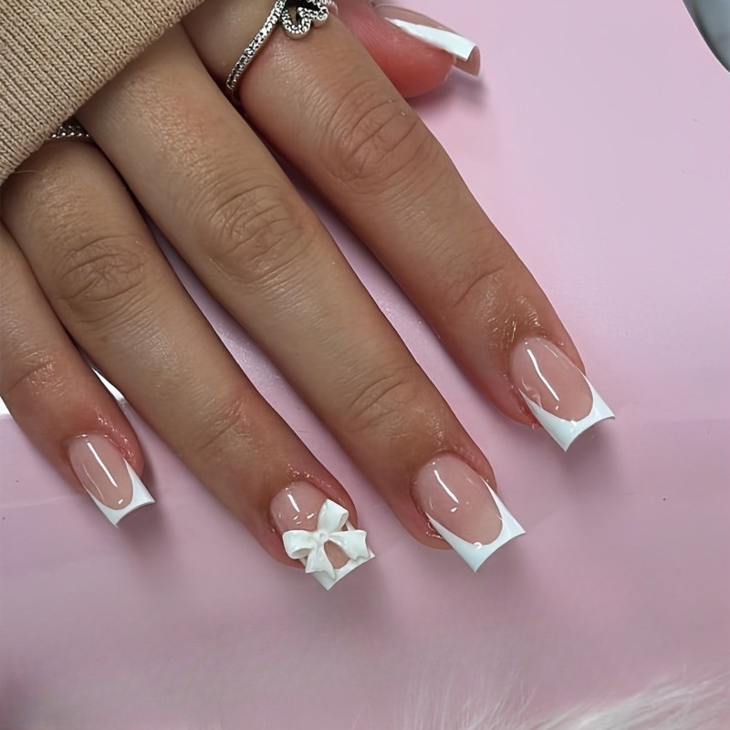 48pcs-Nude French Tip Press on Nail with 3D White Bows, Medium Square Fake Nails