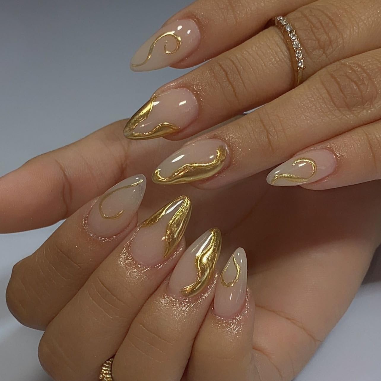 KAICCOSO Gold French Tip Almond Acrylic Press-On False Nails, 24 Pcs (12 Size…
