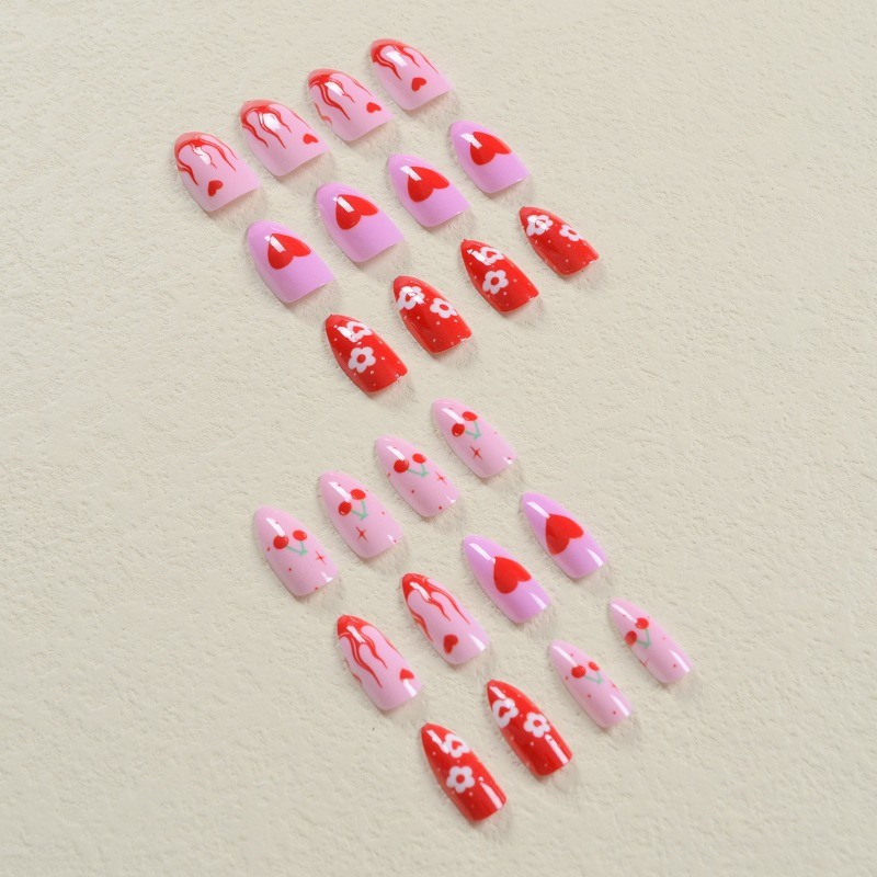 48 Cute Cherry Nails with Heart Shaped Flame Pattern Smooth Fake Nails