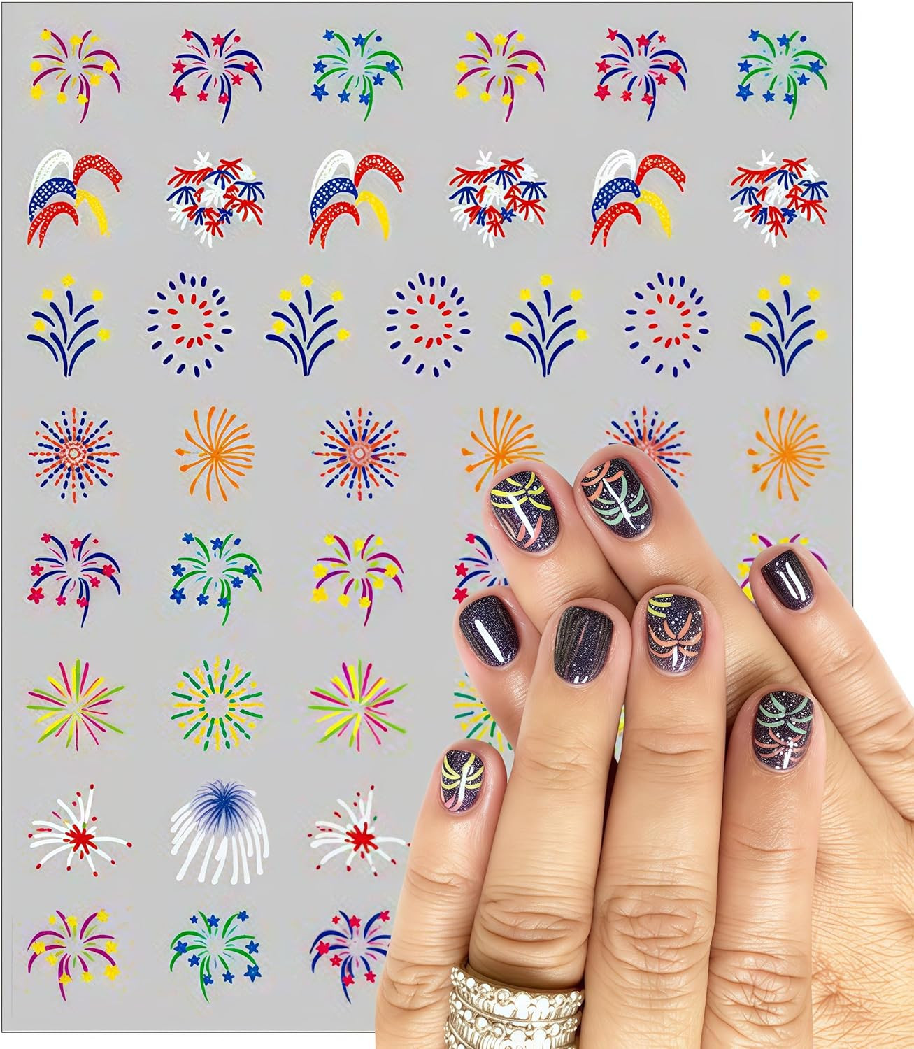 3 Sheets 4Th of July Fireworks Nail Art Stickers 5D Embossed Self Adhesive