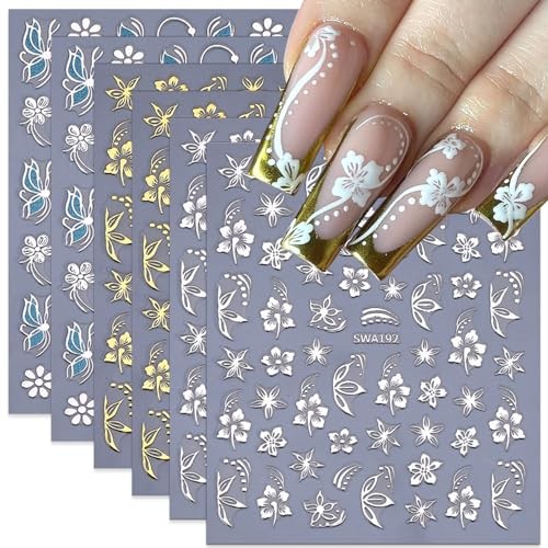 6 Sheets Flower Nail Art Stickers Gilding Gold Silver Flower Nail Decals