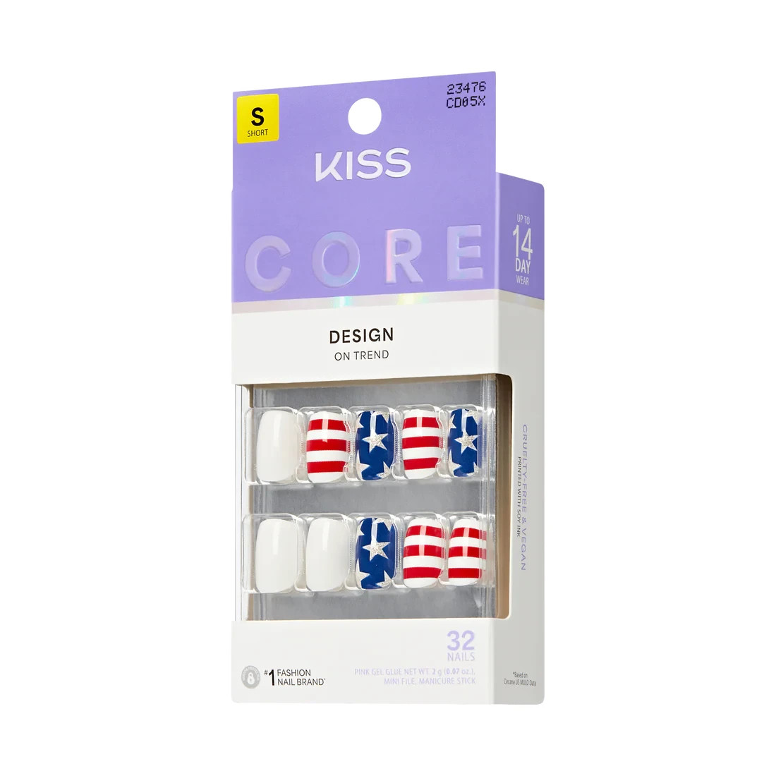 KISS 32 GLUE ON NAILS SHORT SQUOVAL RED, WHITE & BLUE MELODY IN MOTION FLAG NEW
