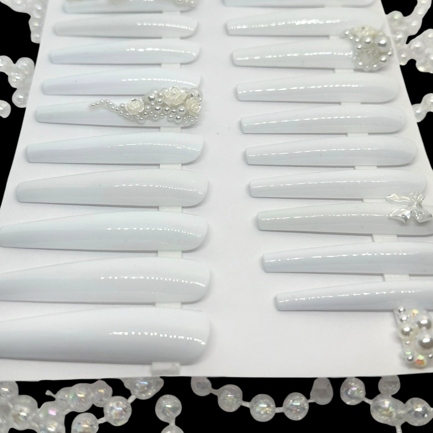 Handmade Custom Press on Nails 2X Long Coffin Wedding White Pearls & Roses Nails