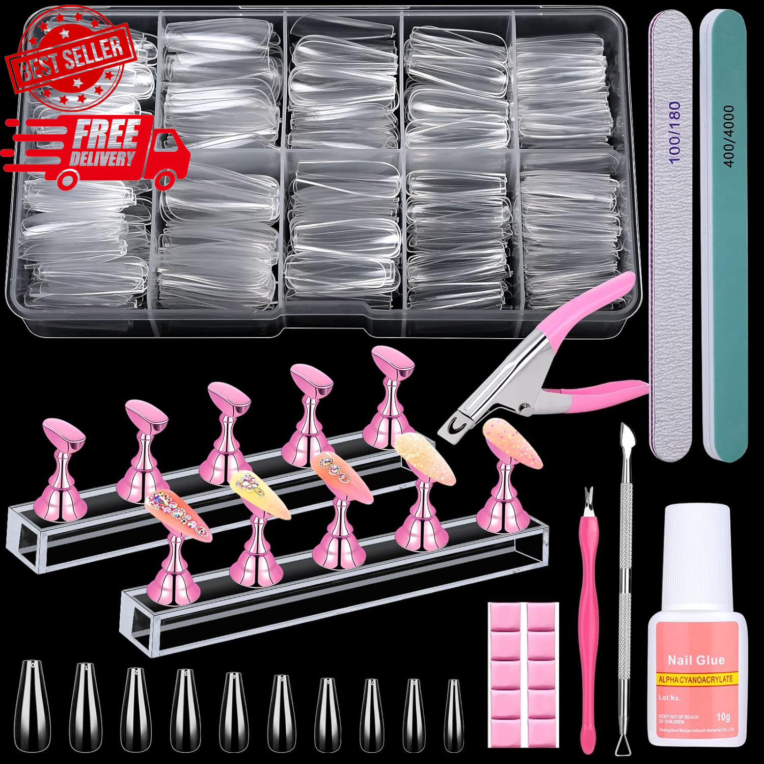 600PCS Clear Coffin Nail Tips Set Clear Acrylic Nail Tips with Nail Glue Coff…