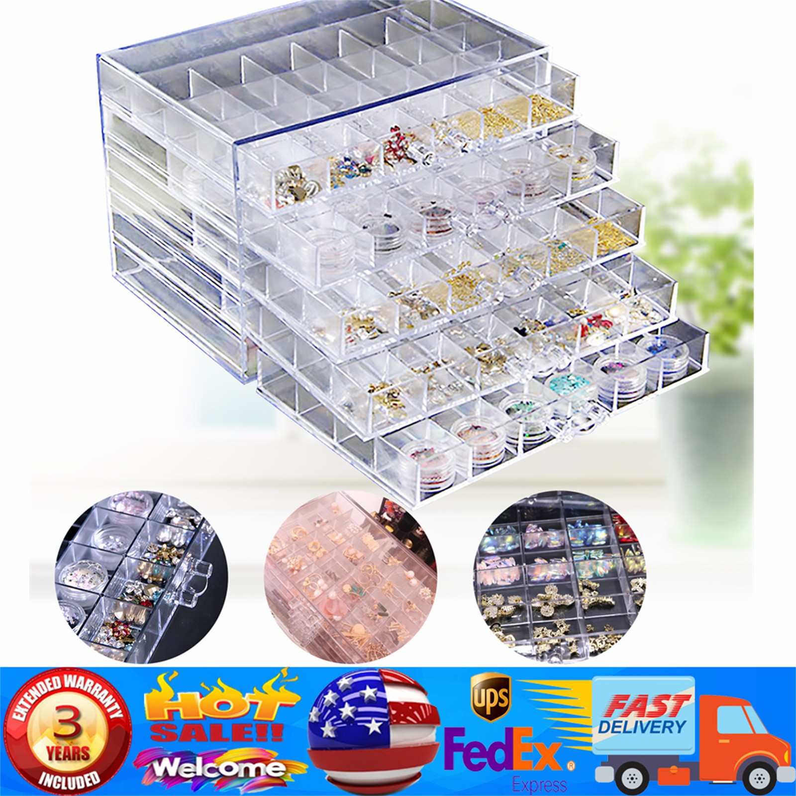 120 Grids Nail Art Storage Case 5-layer Drawer Acrylic Clear Organizer Box US~