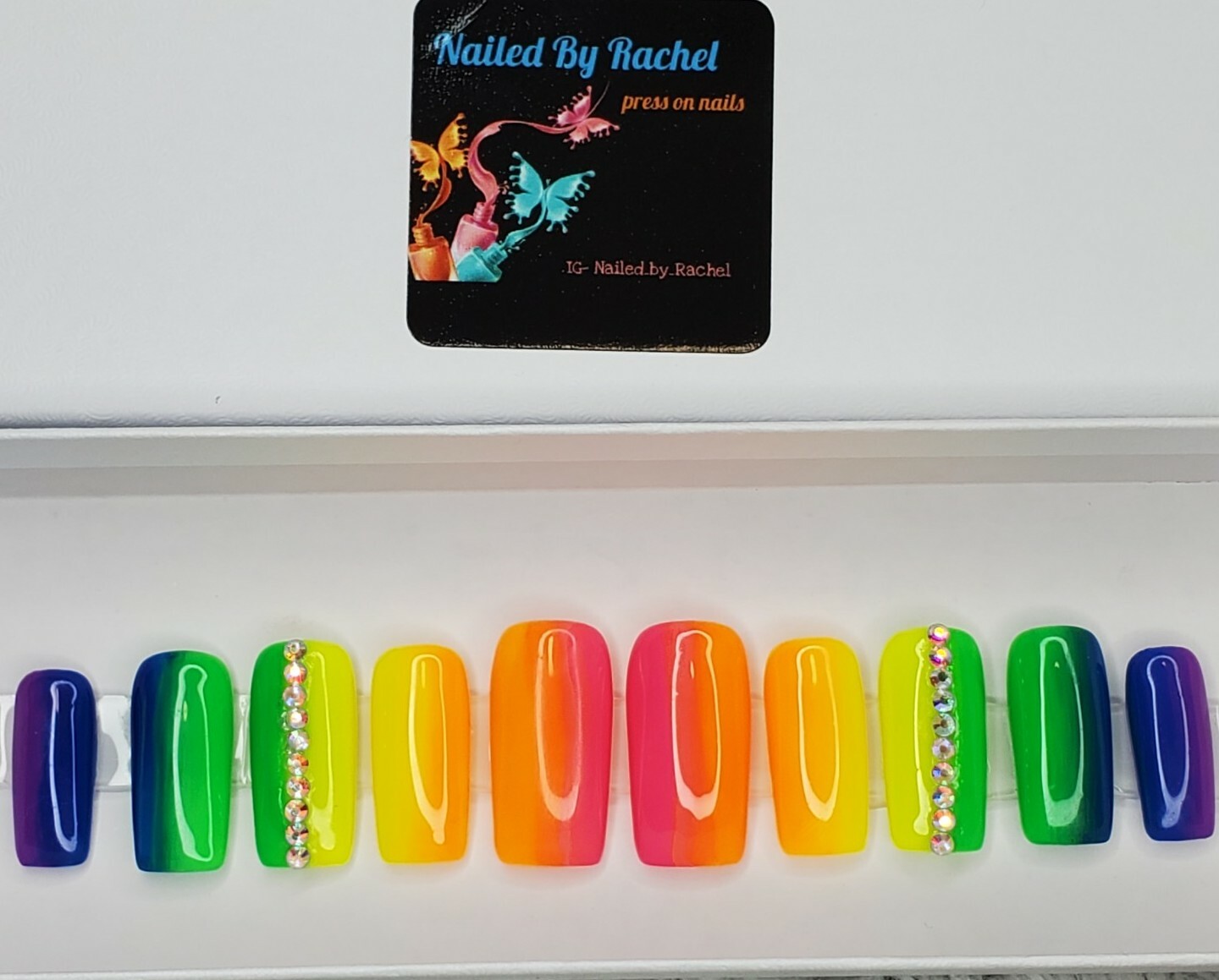 Neon Rainbow bling nails crystal pride set Press On nails diamond long square