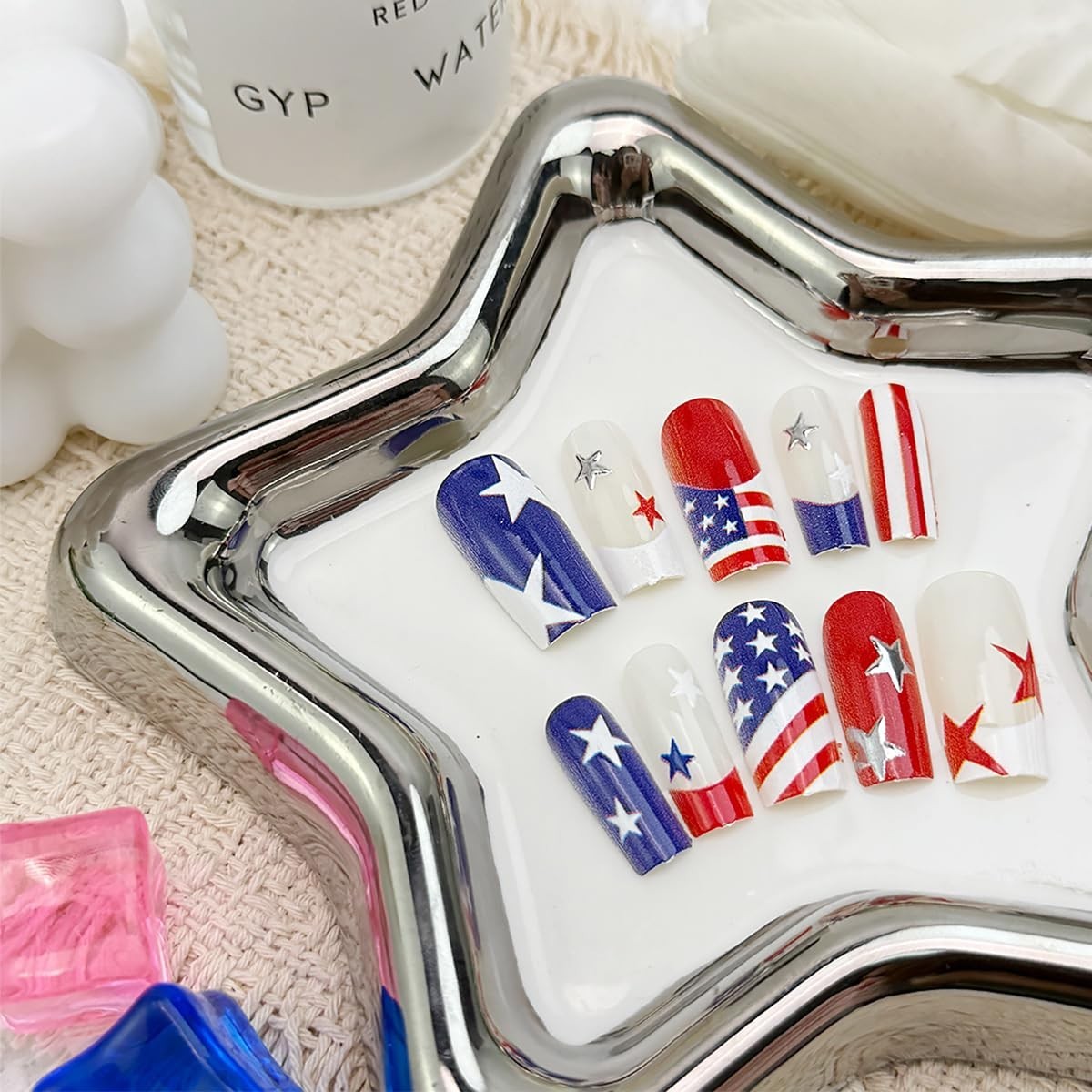 30Pcs 4Th of July Press on Nails Medium Square French Tip Fake Nails Red White B