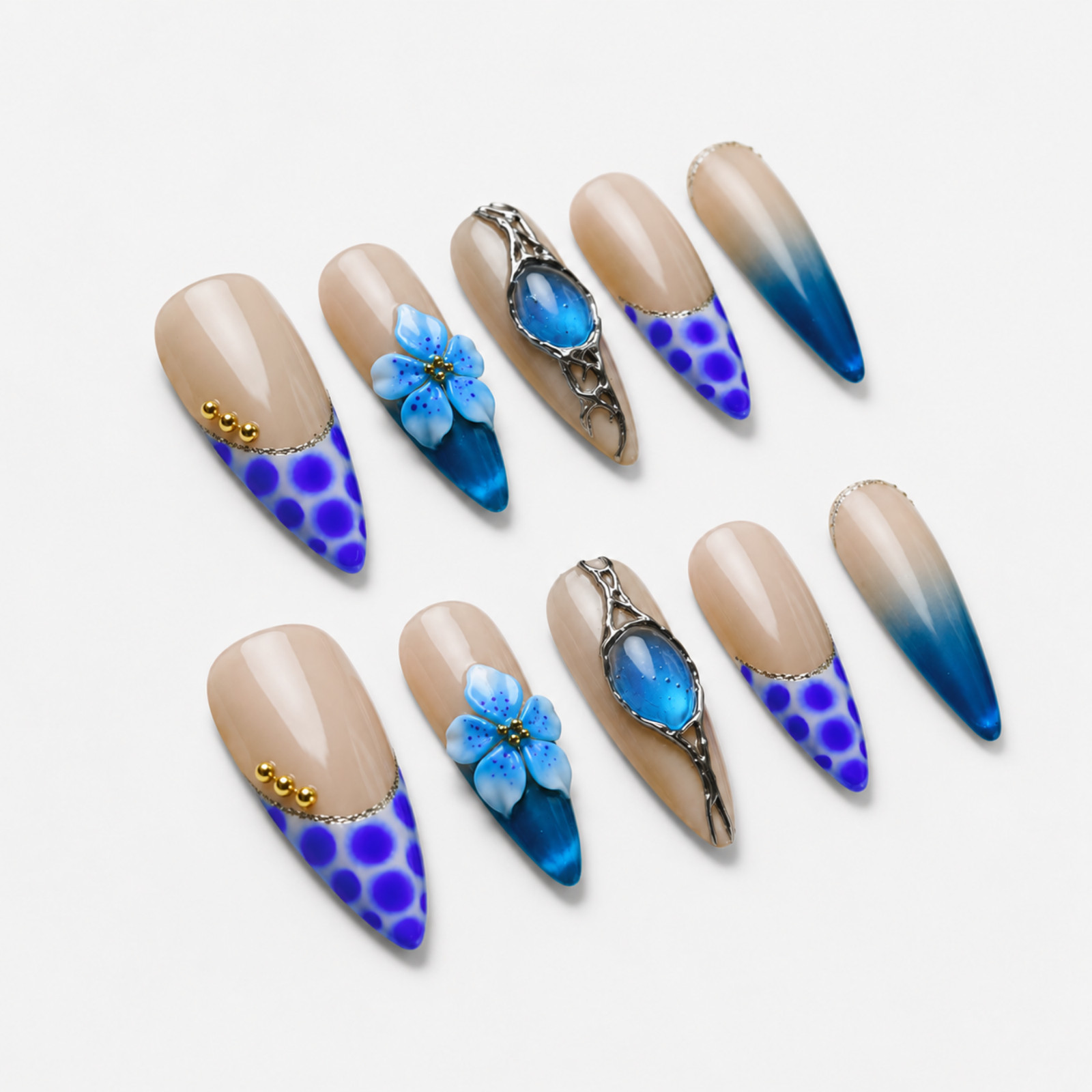 Handmade Blue Floral Press On Nails 3D Gem Nude Ombre Set