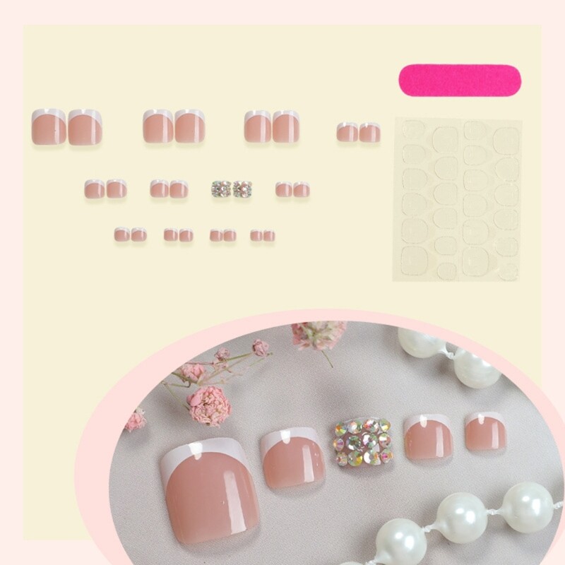 24 Pieces Short Square False Toenails With Glitters Rhinestones Embellishments