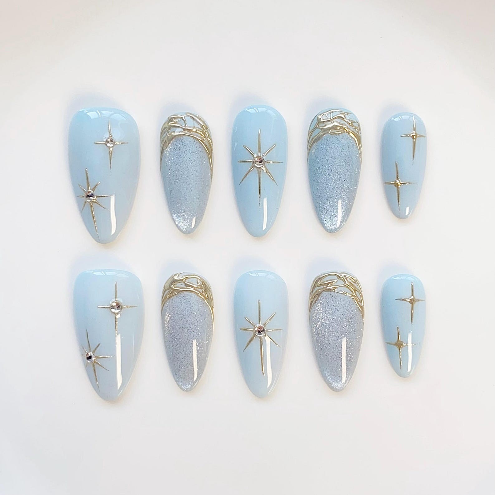 Handmade Light Blue Star Rhinestone Gold Glitter Medium Almond Press on Nails