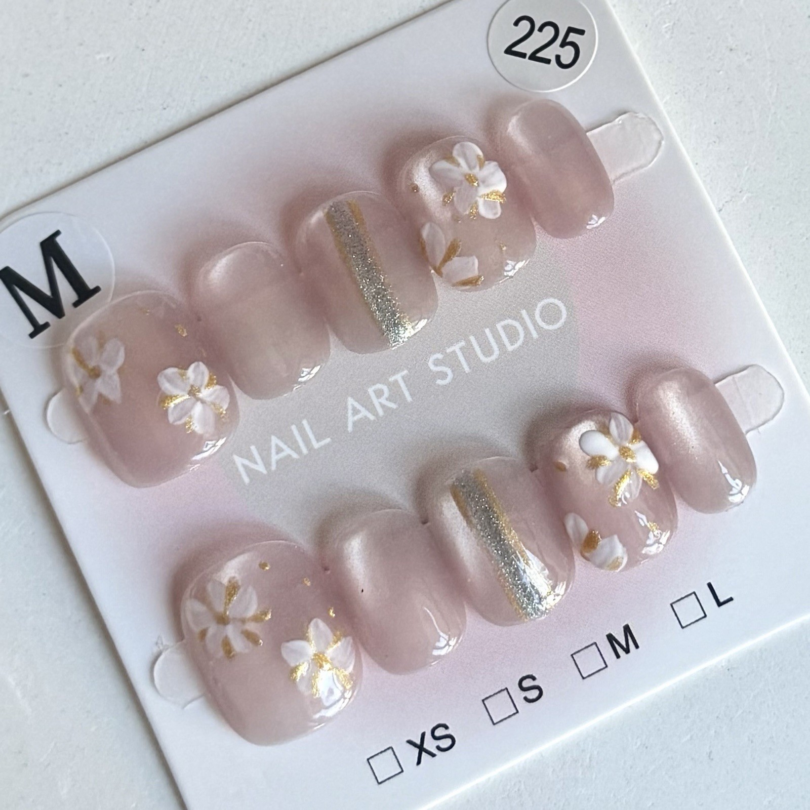 Hand painted Pink Flower Press-On Nails Short Squoval Size M Reusable Fake Nails