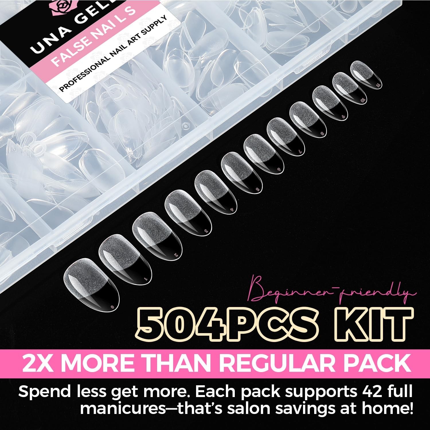 UNA GELLA Oval Fake Nails 504pcs Almond Soft Gel Tips 12 Sizes Full Cover Kit