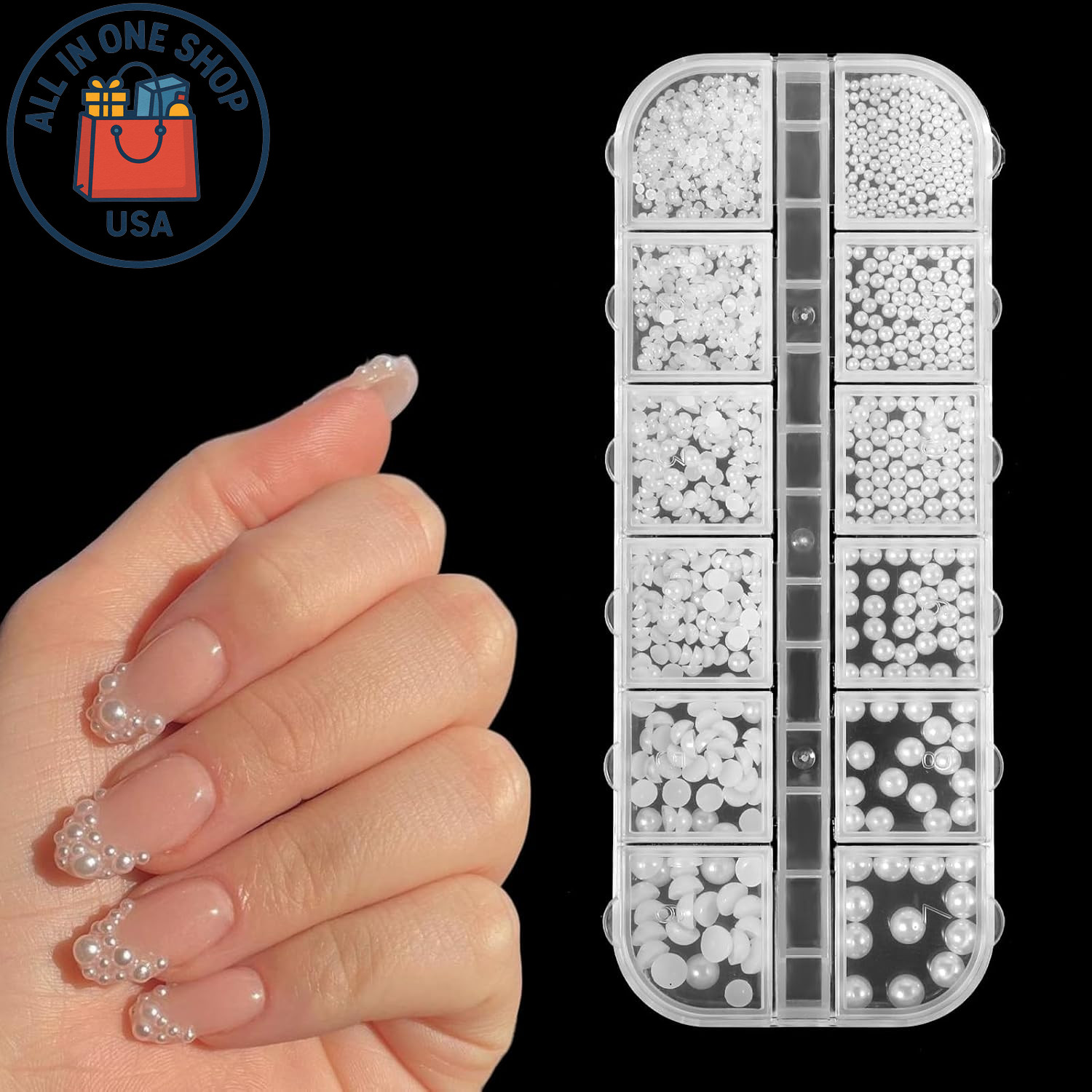 White Flatback Nail Pearls – 3D Charms for Manicure & DIY Design 12-Grid