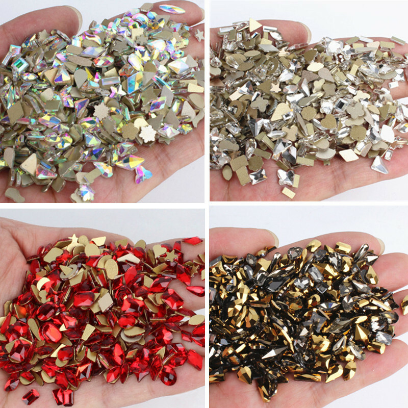 100pcs Nail Art Rhinestones Flat Back Mix Shapes 3D Decor Elongated Glass Stones
