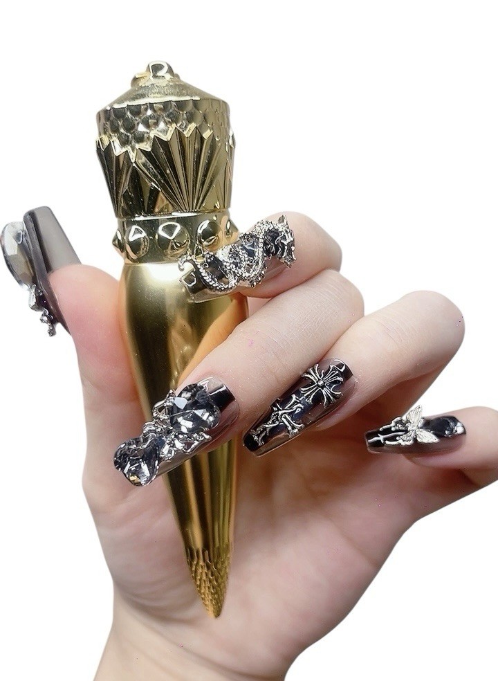 Press On Nails Long Coffin black dragon (#013) – High-Quality Durable