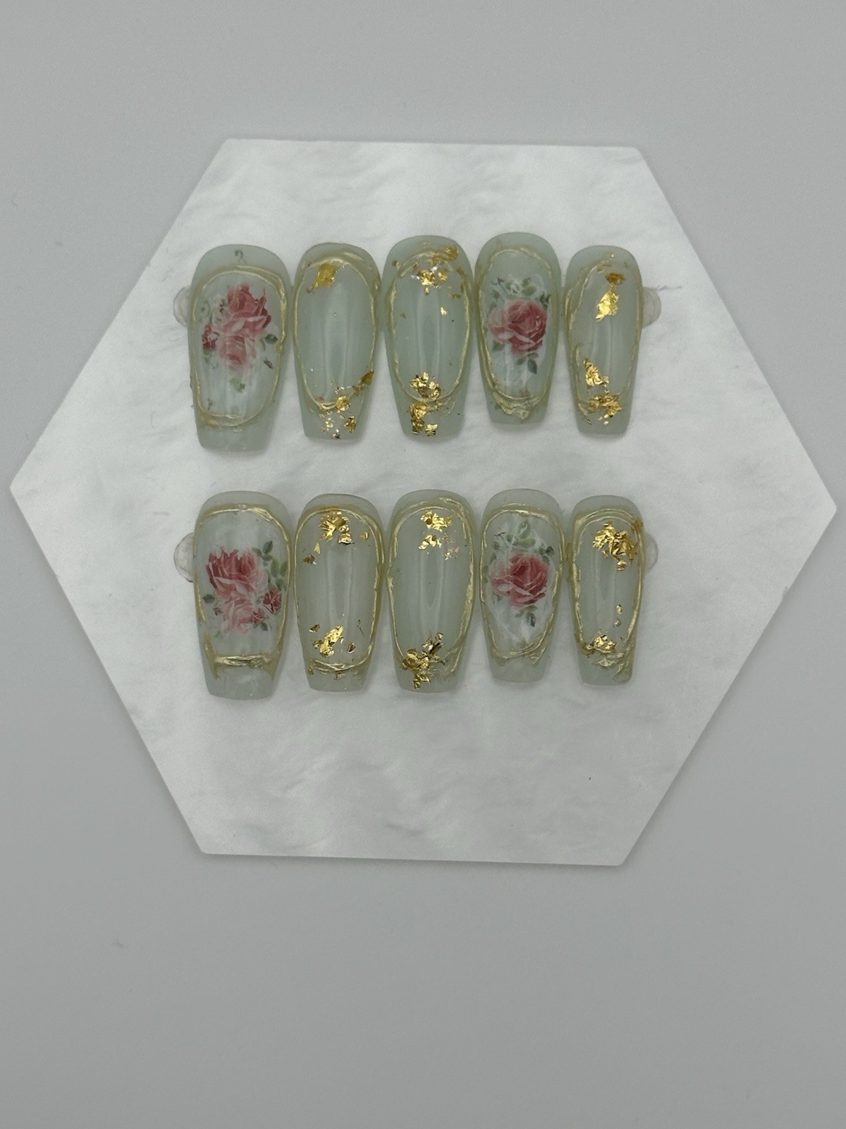 Handmade Gel Press On Nails “Rose & Gold” Sz Xs #0684