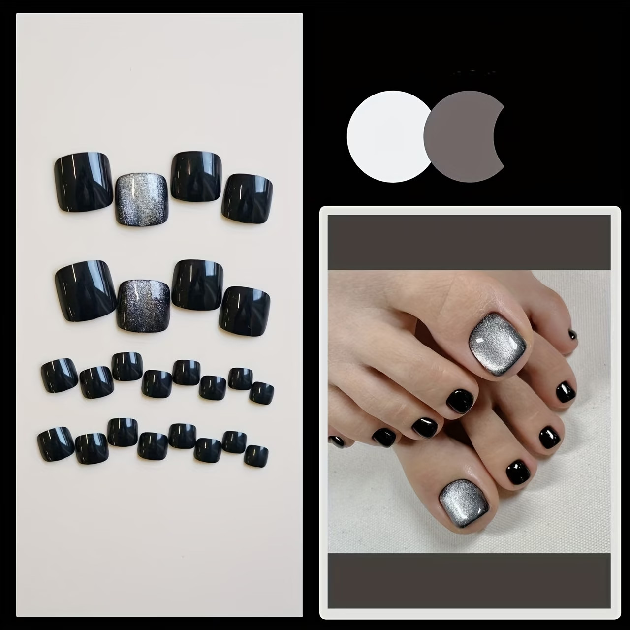 Set of 24 Black Cats Eye Crystal False Toenails